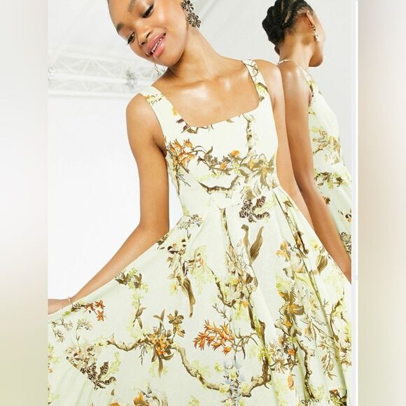 NWOT ASOS Edition Sleeveless Tiered Midi Dress in Woodland Print - Picture 3 of 6